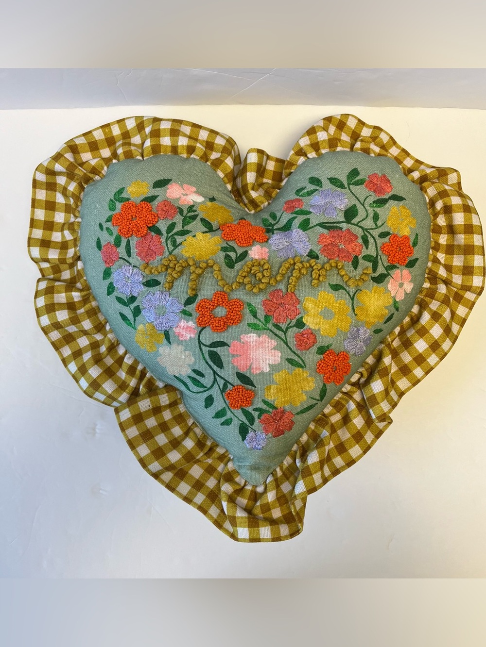 Anthropologie Cotton Embroidered Floral Heart Pillow With Ruffles Cottagecore